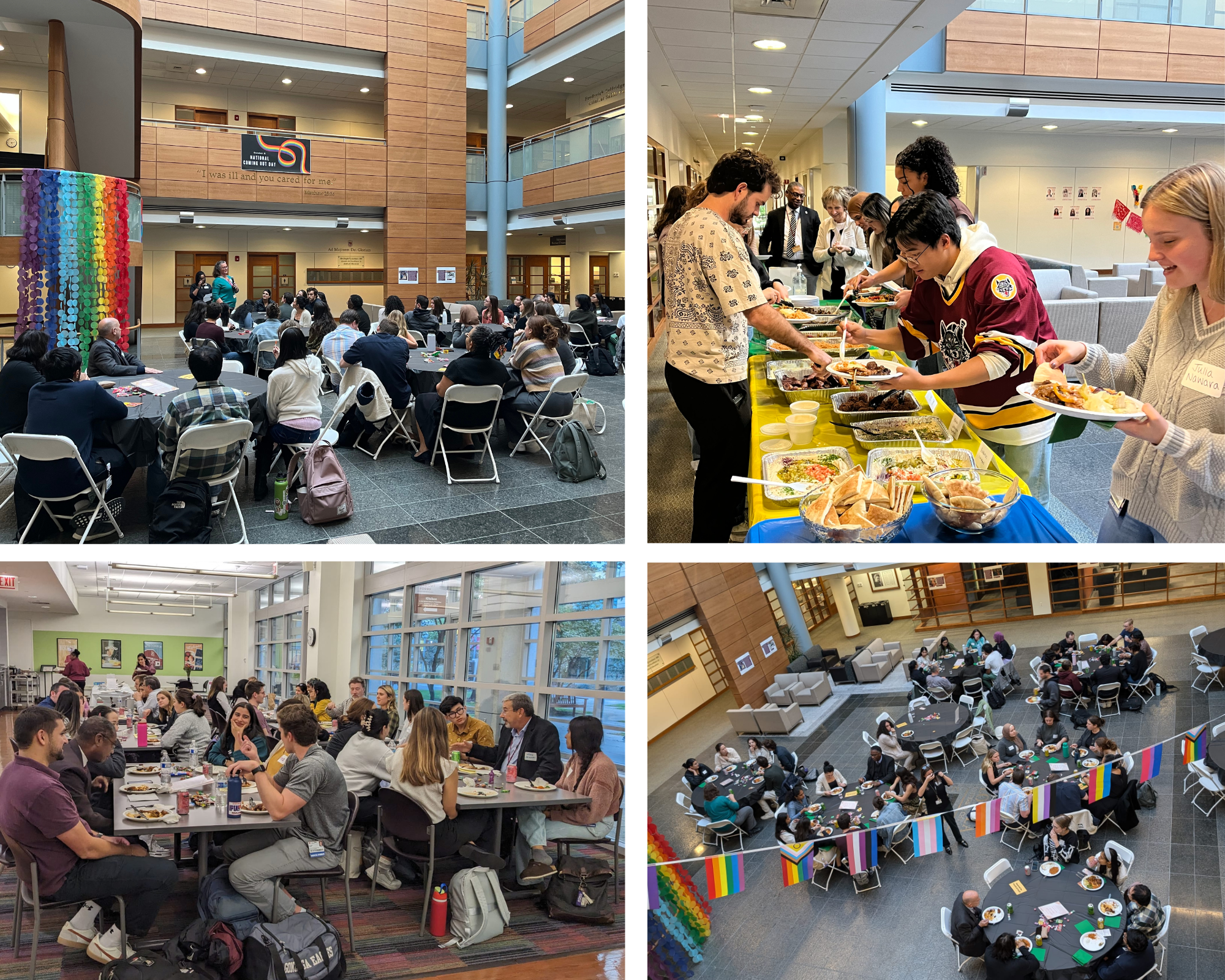 Loyola Stritch students, staff, and faculty eating and conversing at several First Year Dinners.